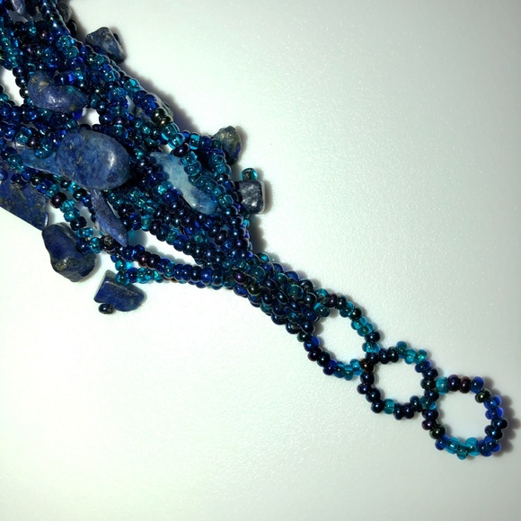 HANDMADE Lapis Lazuli Pebble Seed Crystal Bead Beaded Bracelet Peacock Blue NEW! - Picture 5 of 12